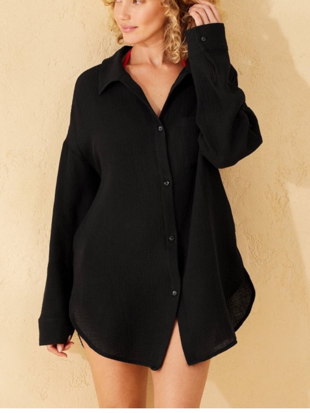 Kona Sol Gauze Cover Up Shirtdress in Black